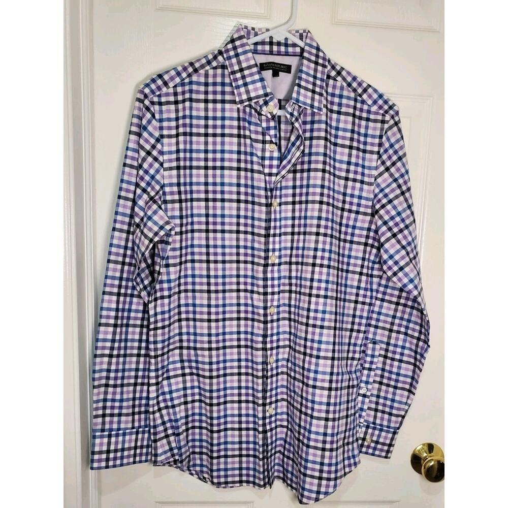 Banana Republic Non Iron Tailored Slim Fit Shirt Mens M Purple Blue Plaid Button